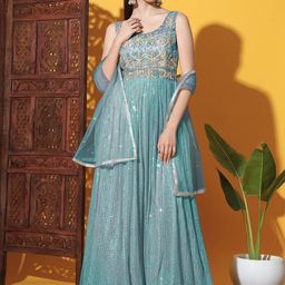 Chhabra 555 Floral Embellished V-Neck Fit and Flare Maxi Ethnic Dress With Dupatta-image-32
