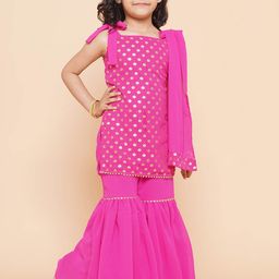 BAESD Girls Ethnic Motifs Foil Printed Gotta Patti Georgette Kurti With Sharara & Dupatta-image-22