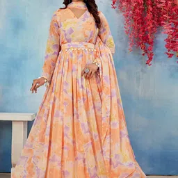 ODD BY chansi TRENDZ Printed Georgette Ethnic Gown with Dupatta & Belt-image-89