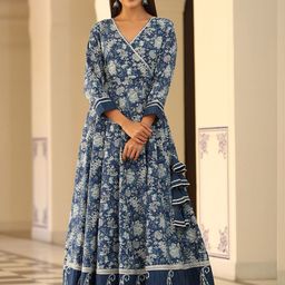 GILLORI Floral Printed V-Neck Pure Cotton Fit & Flare Maxi Ethnic Dresses-picture-39