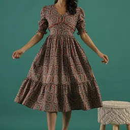 Sangria Rust Ethnic Motifs Printed Puff Sleeves Cotton Fit & Flare Ethnic Dress-picture-18
