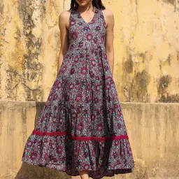 Rain & Rainbow Printed Pure Cotton Flared Sleeveless Dress-15