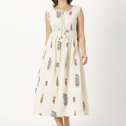 Saffron Threads Mughal Printed Fit and Flare Midi Cotton Linen Boho Ethnic Dress-image-42
