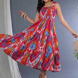 Globus Bohemian Printed Square Neck Cotton Smocked Tiered Fit and Flare Midi Dress-picture-3