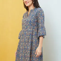 Globus Blue Ethnic Motifs Printed Mandarin Collar Gathered Pure Cotton A-line Dress-image-71