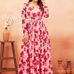 ODD BY chansi TRENDZ Floral Printed V-Neck Pleated Fit & Flare Ethnic Dresses-image-62
