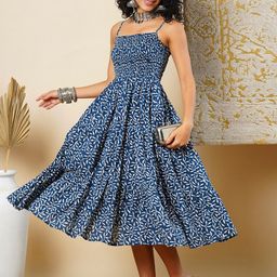 Globus Floral Printed Adjustable Shoulder Straps Smocked Tired Fit & Flared Midi Dress-image-51