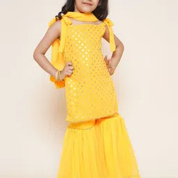 BAESD Girls Ethnic Motifs Printed Gotta Patti Georgette Kurti With Sharara & Dupatta-image-58