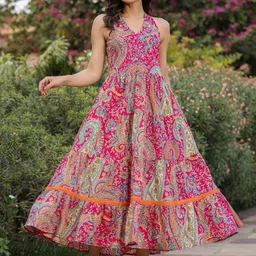 Rain & Rainbow Ethnic Motifs Printed Maxi Fit & Flare Tiered Pure Cotton Ethnic Dress-image-63