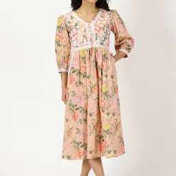 Saffron Threads Printed Chikankari Puff Sleeves Pure Cotton Fit & Flare Midi Ethnic Dress-image-30