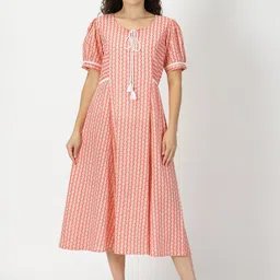 Saffron Threads Abstract Printed Puff Sleeves Pure Cotton A-Line Midi Ethnic Dress-image-1