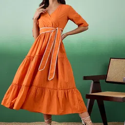 Sangria Lace Belted Tiered Fit & Flare Pure Cotton Midi Ethnic Dress-image-19