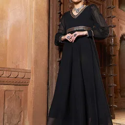 Shae by SASSAFRAS V-Neck Bishop Sleeves Chiffon Maxi Ethnic Dresses-picture-4