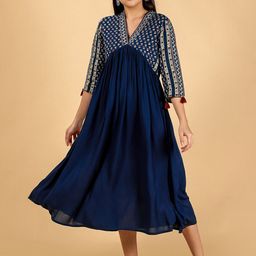 KASYA Ethnic Motifs Printed V-Neck Cotton Empire Ethnic Dress-image-90