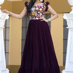 Fusionic Floral Embroidered Square Neck Georgette Ruffles Ethnic Gown-image-3