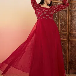 Sangria Floral Embroidered Flared Maxi Ethnic Dresses-image-54