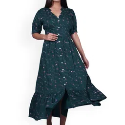 HERE&NOW Women Plus Size Green & Pink Printed Maxi Ethnic Dresses-image-53