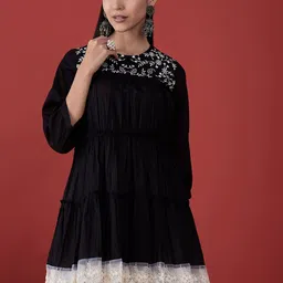 Anouk Green Floral Embroidered Gathered Tiered A-Line Mini Dress With Inner-image-52