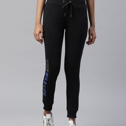 M7 by Metronaut Women Black Slim Fit Solid Joggers with Printed Detail-image-18