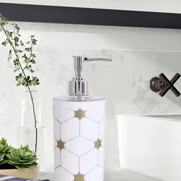 Kuber Industries Set Of 2 White & Gold Star Printed Liquid Soap Dispenser 300 ML-12