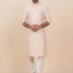 Tasva Mandarin Collar Regular Mirror Work Kurta with Churidar-image-22