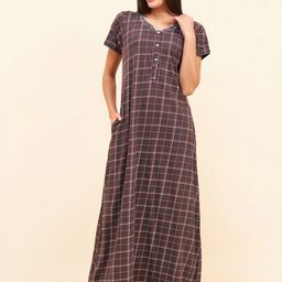 Sweet Dreams Charcoal Grey Checked V-Neck Cotton Maxi Nightdress-image-13