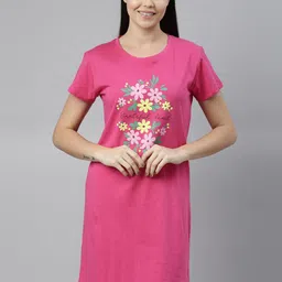 Curare Fuchsia Printed Pure Cotton T-Shirt Nightdress-picture-13