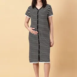 PURPLE FLAUNT V-Neck Short Sleeves Striped Pure Cotton Maternity Nightdress-35