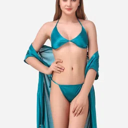 Romaisa Blue Solid Satin Above knee length Robe with Bra & Thong-image-5
