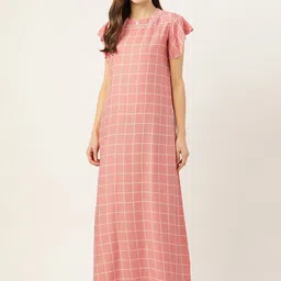 Sweet Dreams Women Peach-Coloured Checked Maxi Nightdress-image-90