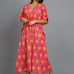 HANDICRAFT PALACE Ethnic Motifs Printed Pure Cotton Maxi Kaftan Nightdress-image-9