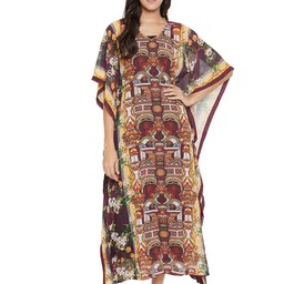 The Kaftan Company Maroon Printed Maxi Nightdress-image-1
