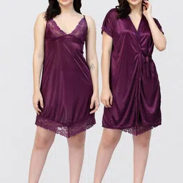 NIGHT KEYS Pack Of 2 Satin Sweat Nightdress-image-56