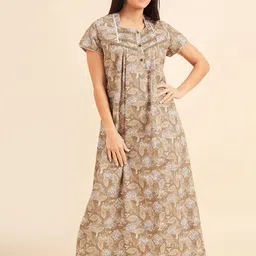 Sweet Dreams Khaki Printed Pure Cotton Maxi Nightdress-image-98