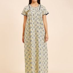 Sweet Dreams Yellow Floral Printed Round Neck Pure Cotton Maxi Nightdress-9