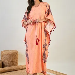 The Kaftan Company Ethnic Motifs Printed V-Neck Maxi Kaftan Nightdress-image-43