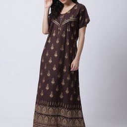 Secret Wish Women Brown Printed Pure Cotton Maxi Nightdress-image-48