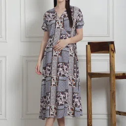 Secret Wish Print Puff Sleeve Maternity Midi Wrap Dress-39