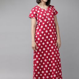 Zeyo Red & Pink Printed Cotton Maxi Nightdress-image-18