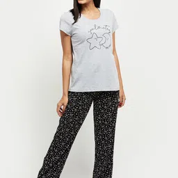 max Women Grey Melange & Black Printed Night suit-25