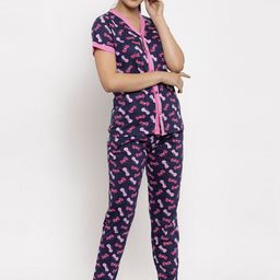 Claura Women Navy Blue & Pink Printed Night suit 100% Cotton-picture-38