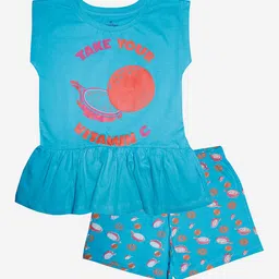 KiddoPanti Girls Blue & Orange Printed Cotton Night suits-picture-30