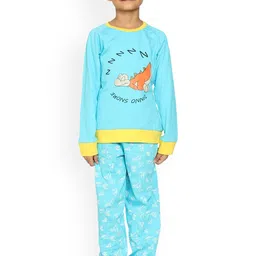 KiddoPanti Girls Blue & White Dinnosnore Printed Pure Cotton Night suit-picture-17