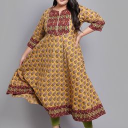 YASH GALLERY Women Mustard Yellow & Red Floral Plus Size Block Print Anarkali Kurta-27