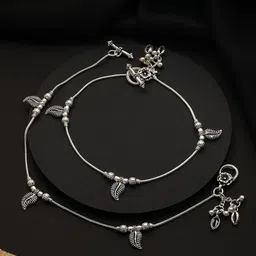 Jazz and Sizzle Set Of 2 Silver-Plated Stone-Studded & Leaf Shaped Ghungroo Anklets-57