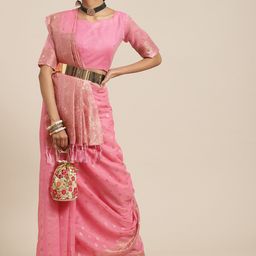 KALINI Pink & Gold-Toned Floral Zari Silk Cotton Banarasi Saree-image-44
