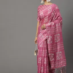 Mitera Pink & White Ethnic Motifs Silk Blend Block Print Saree-picture-2
