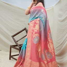 Mitera Pink & Blue Floral Banarasi Saree-picture-45