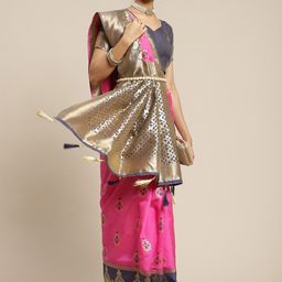 Mitera Pink & Gold-Toned Woven Design Zari Silk Blend Sambalpuri Saree-image-98
