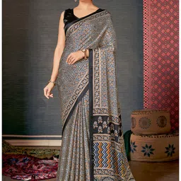 Saree mall Grey & Black Ajrak Block Printed Sarees-picture-8